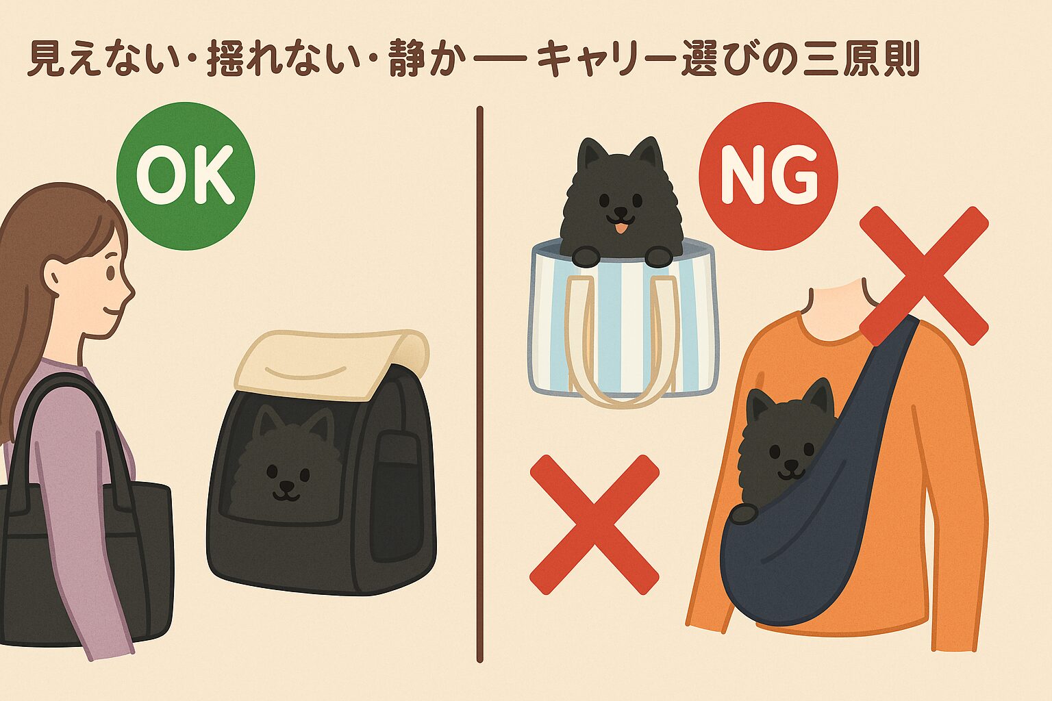 OK例(目隠しカバー付きキャリー)とNG例(オープントート・スリング)を黒ポメラニアンで示す比較イラスト