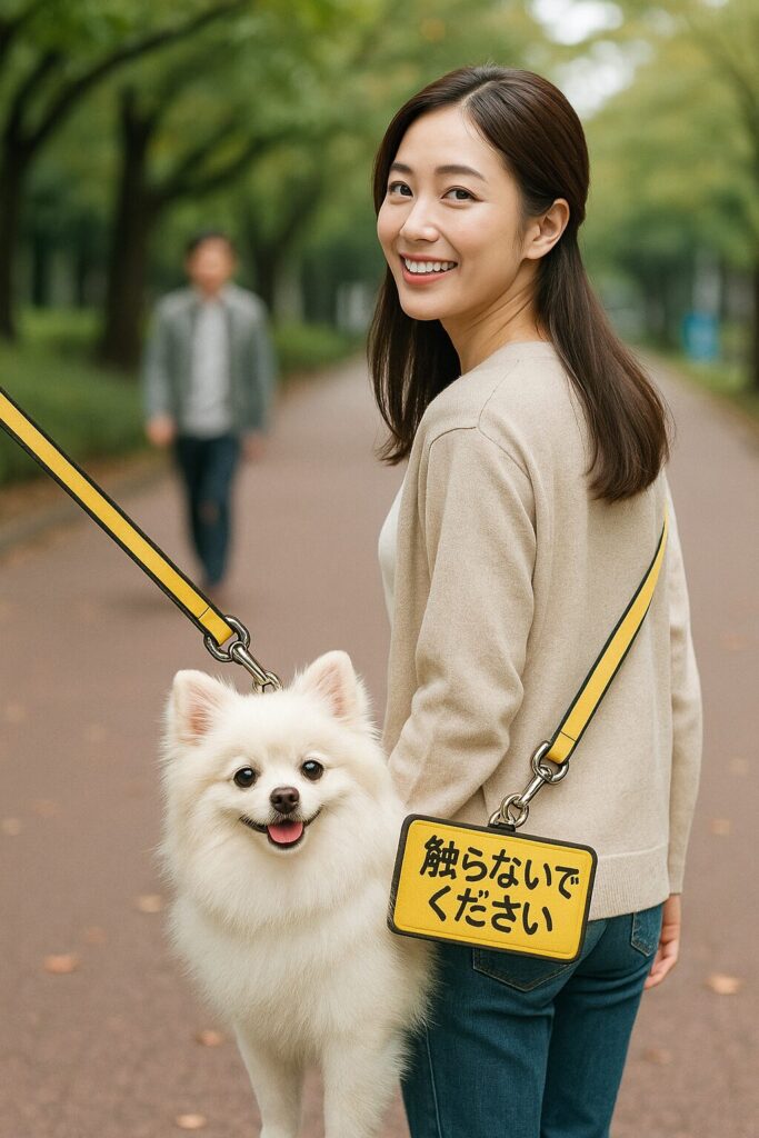 日本人女性が白ポメラニアンと公園を散歩、リードにメッセージワッペン。背景にぼかしの通行人