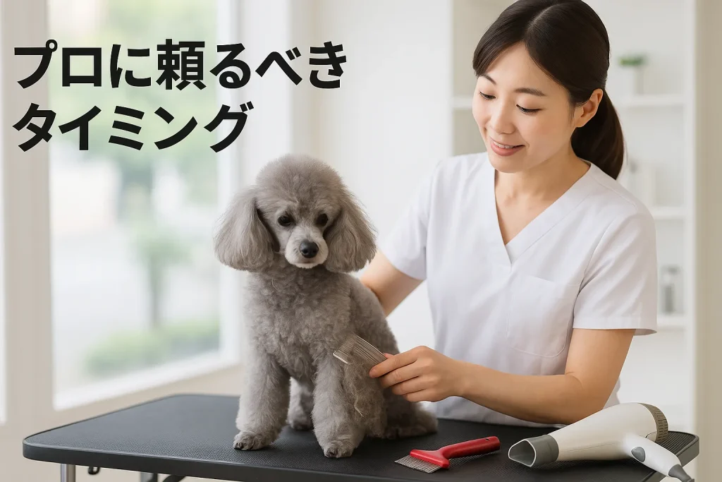 トリマーがシルバートイプードルの毛玉を整えている様子