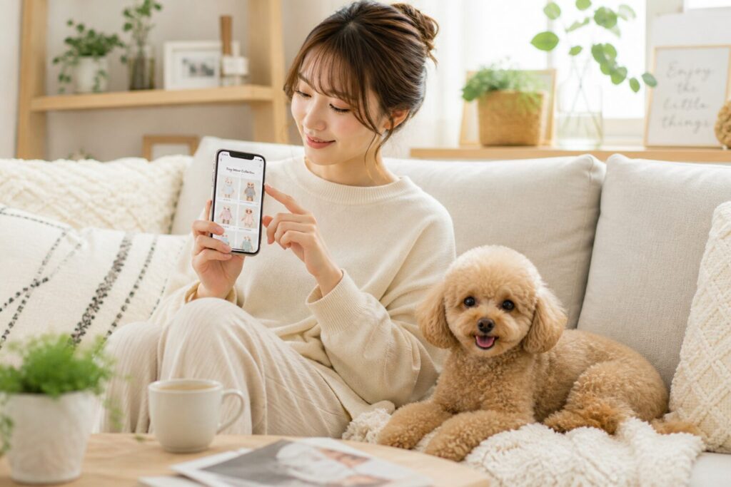 犬の隣で女性がスマートフォンのカタログギフト画面を見ている明るい室内の様子