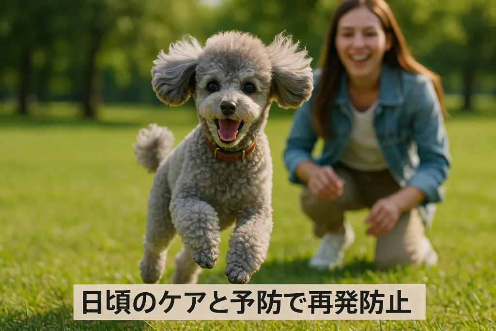 「公園で元気に走るトイプードルと飼い主」