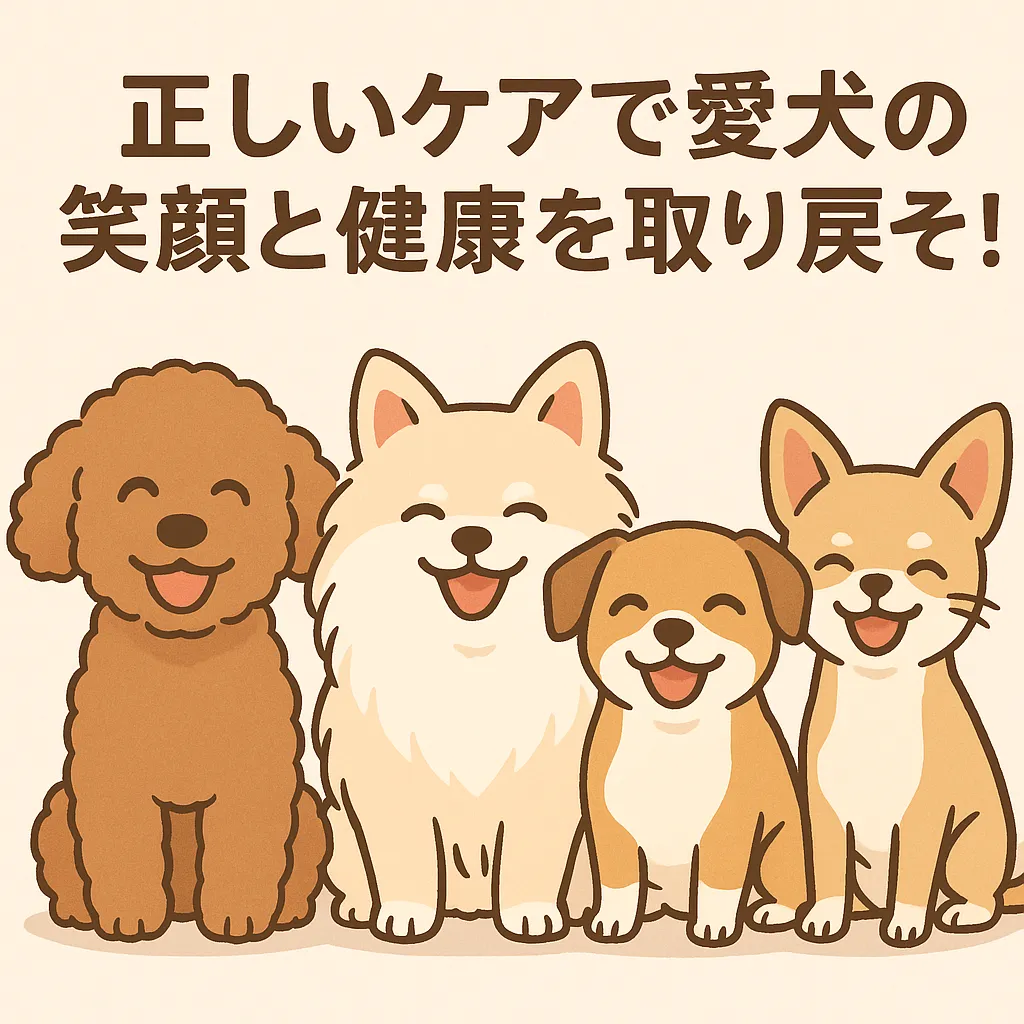 涙やけが改善して笑顔の犬たちが並んでいるイラスト