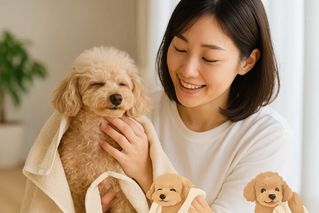 日本人女性がアプリコットプードルをタオルで拭いている実写風画像