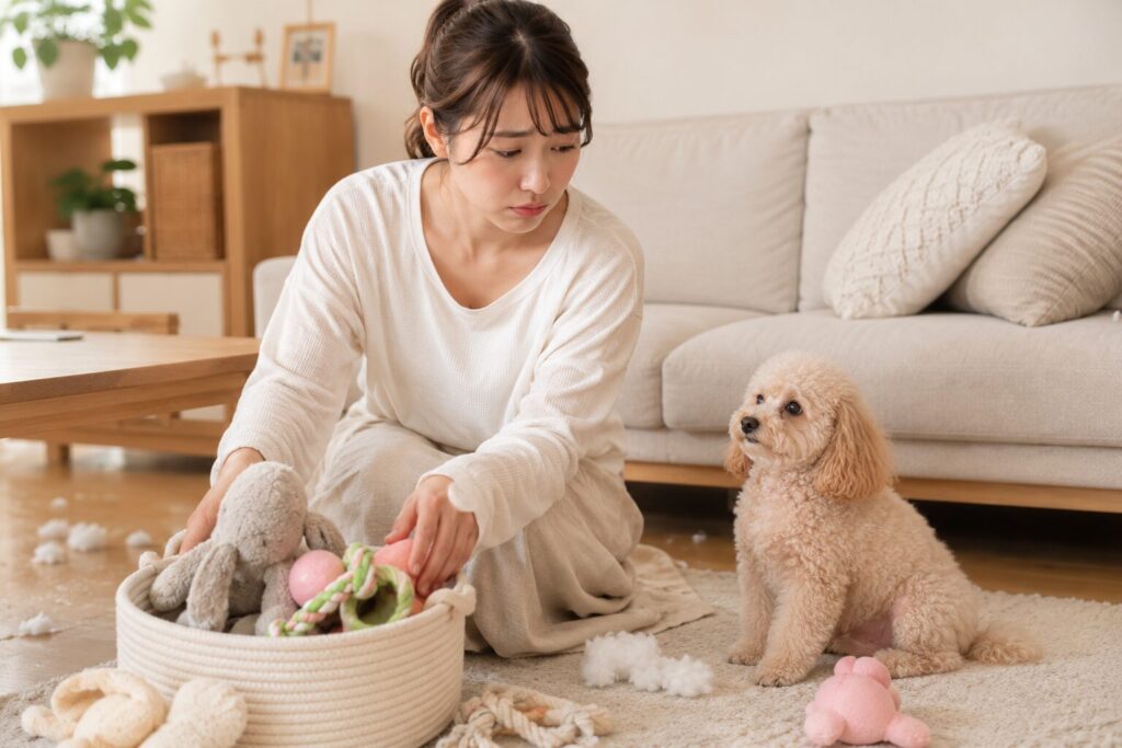 嬉ション後に不安そうにする犬