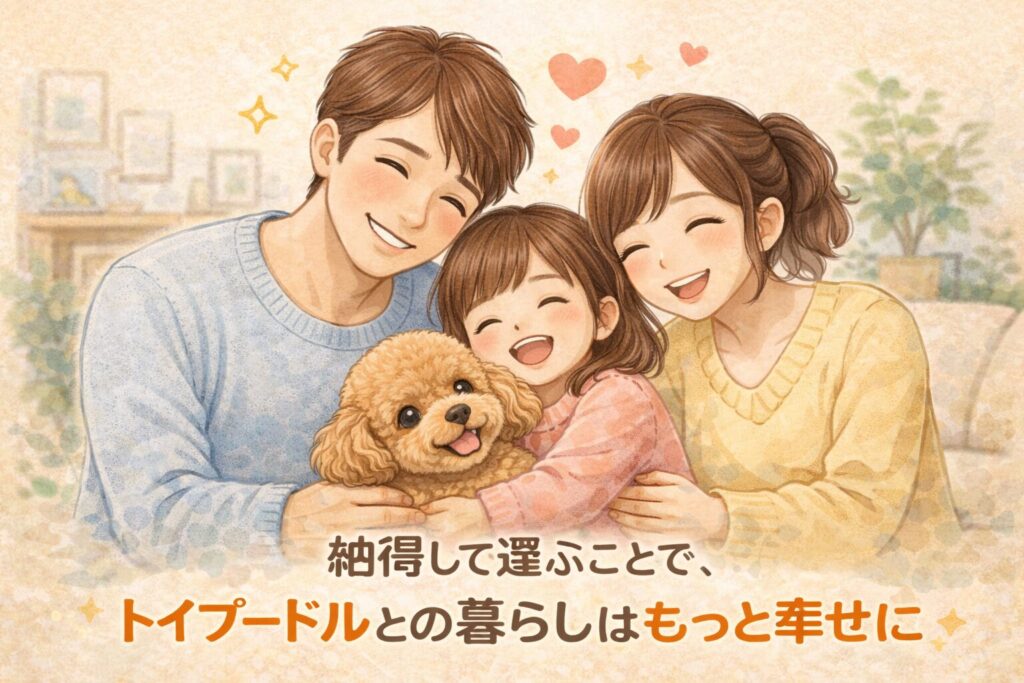 家族に囲まれて安心した表情を見せるトイプードルと、笑顔で寄り添う家族のイラスト