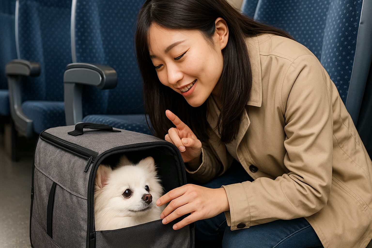 電車の座席下にキャリーを置き、自然な笑顔の日本人女性が白ポメラニアンに優しく声をかける写真