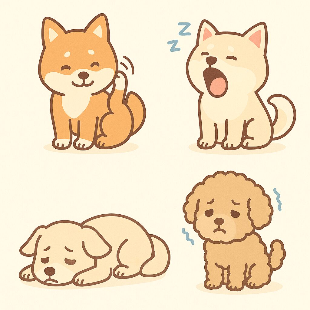 耳をかく、あくびをする、元気がない犬など気圧変化の症状を表すイラスト