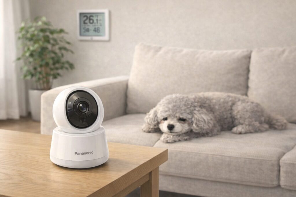 白い丸型ペットカメラが整ったリビングに設置され、落ち着いたシルバートイプードルがくつろいでいる様子