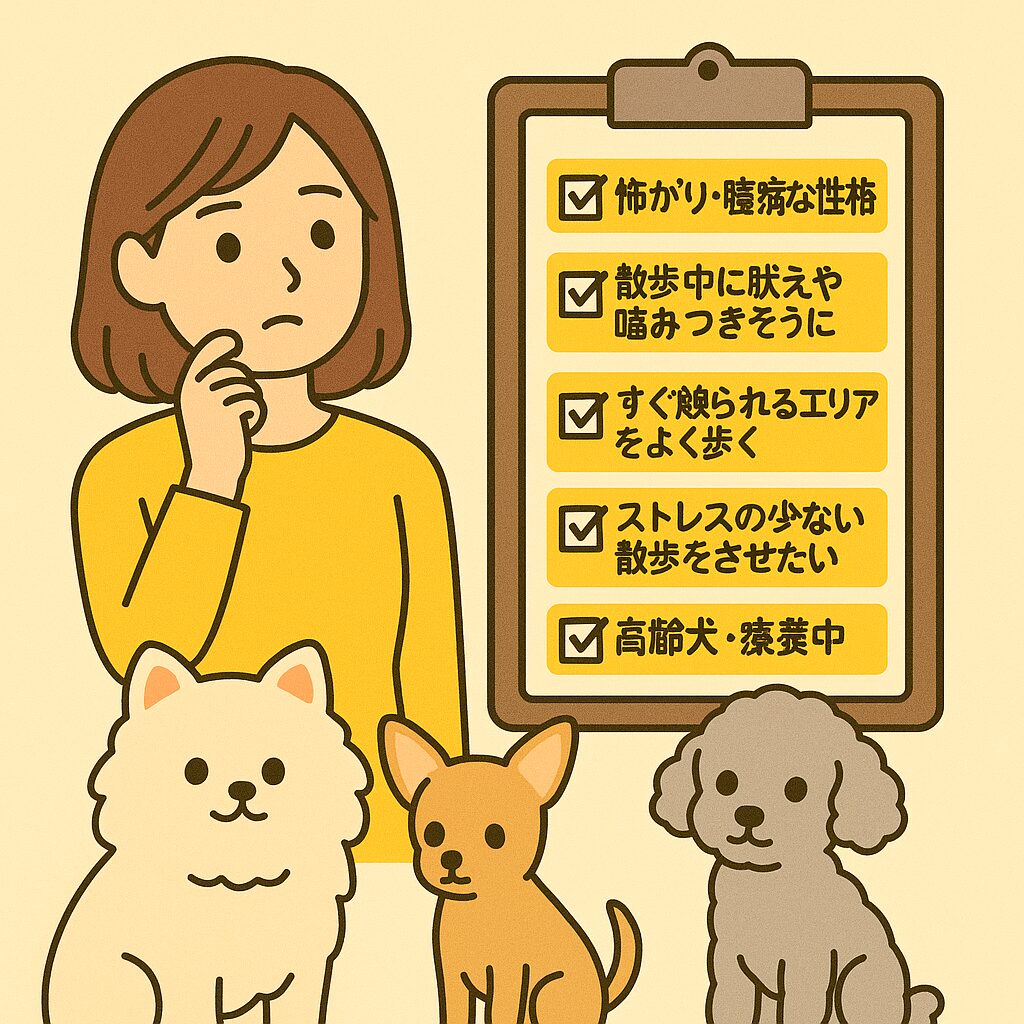 飼い主がチェックリストを見て考える様子と、白ポメ・アプリコットプードル・チワワのアイコン風イラスト
