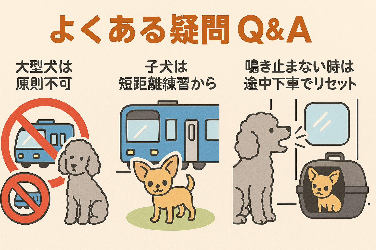 シルバートイプードルとチワワを使った3パネルイラスト(大型犬は不可・子犬は短距離から・鳴きは途中下車対応)