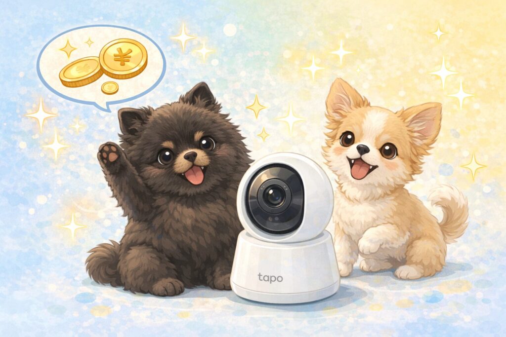 黒ポメラニアンとチワワがコンパクトな見守りカメラの横で喜んでいる可愛いイラスト