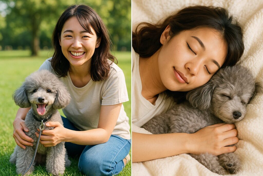 自然な笑顔の日本人女性がシルバートイプードルと芝生の公園で遊び、その後ブランケットの上で寄り添って休む実写風の写真。明るい昼下がりのナチュラルな雰囲気。