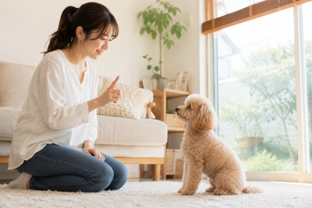 嬉ション対策として落ち着く練習をする犬