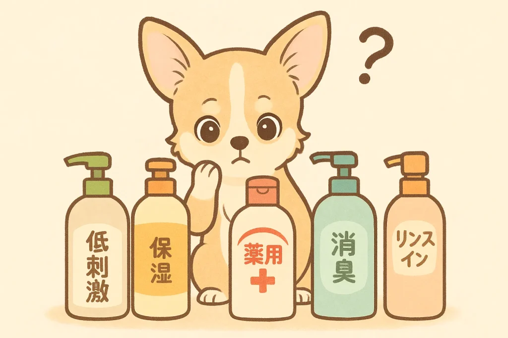 ボトルを見比べて悩むチワワのイラスト