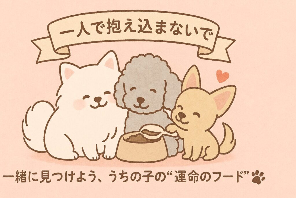 『小型犬たちが寄り添いエンパシーを伝えるやさしいまとめイラスト』