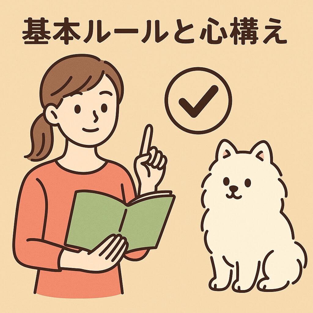 本を手に指を立てる女性と白ポメラニアン、基本ルールを示すチェックマーク付きイラスト
