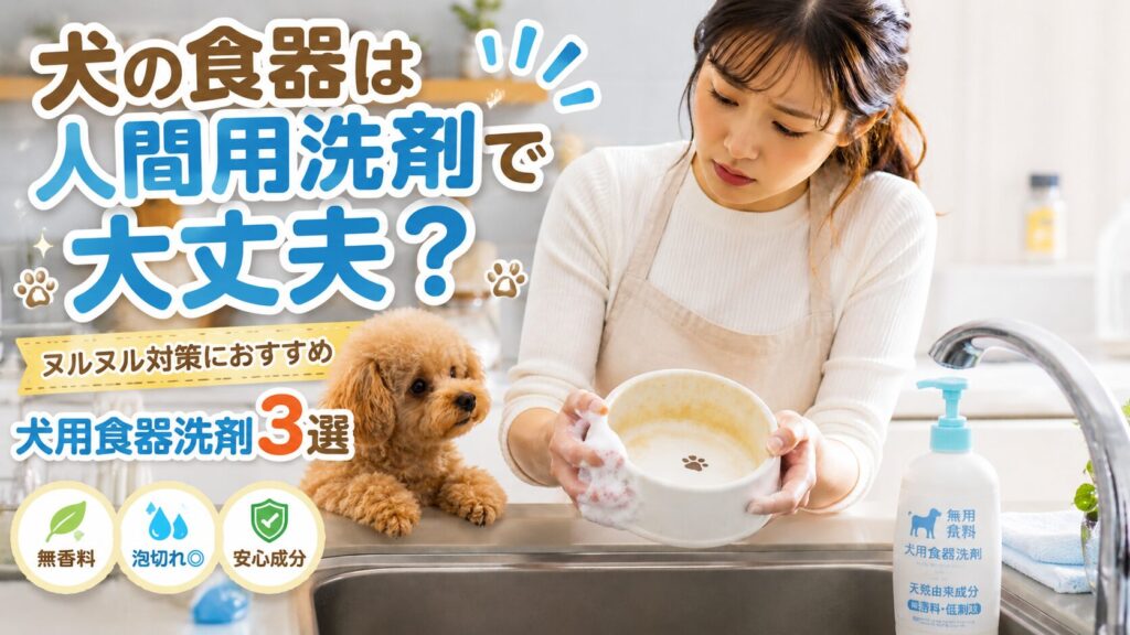 犬の食器を洗う女性とトイプードル。人間用洗剤との違いや犬用食器洗剤の選び方を解説するイメージ画像。