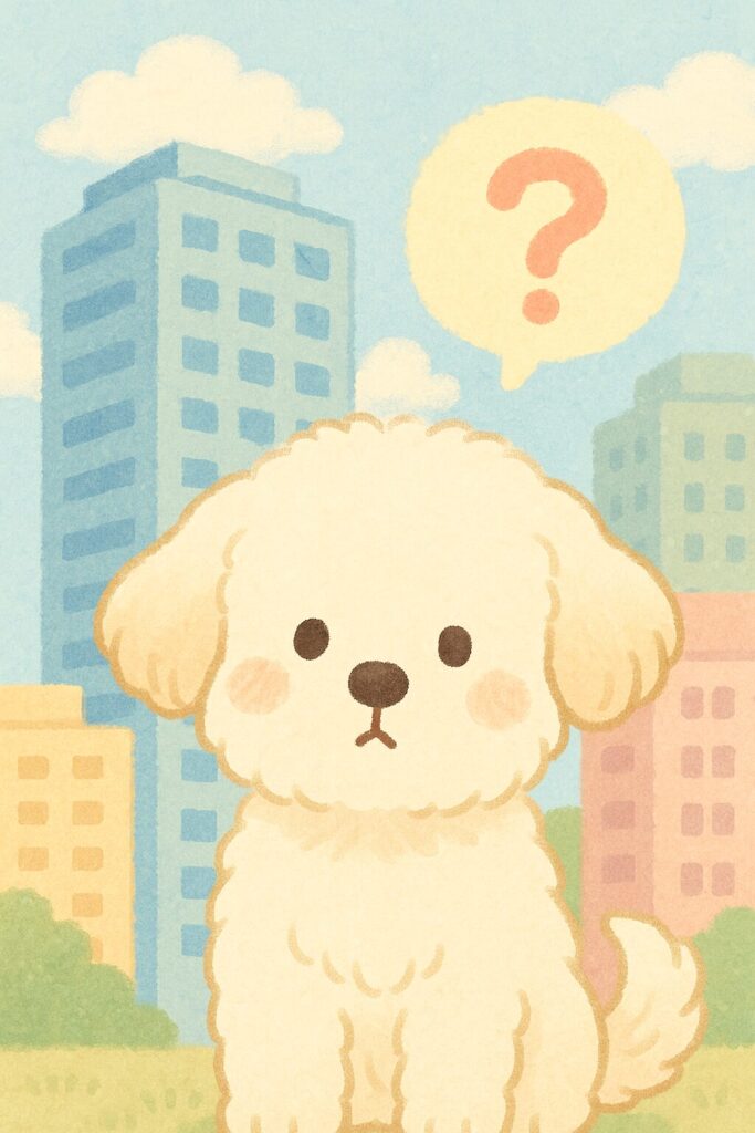 高層マンションを背景に、白い犬が気圧について考えている可愛いイラスト