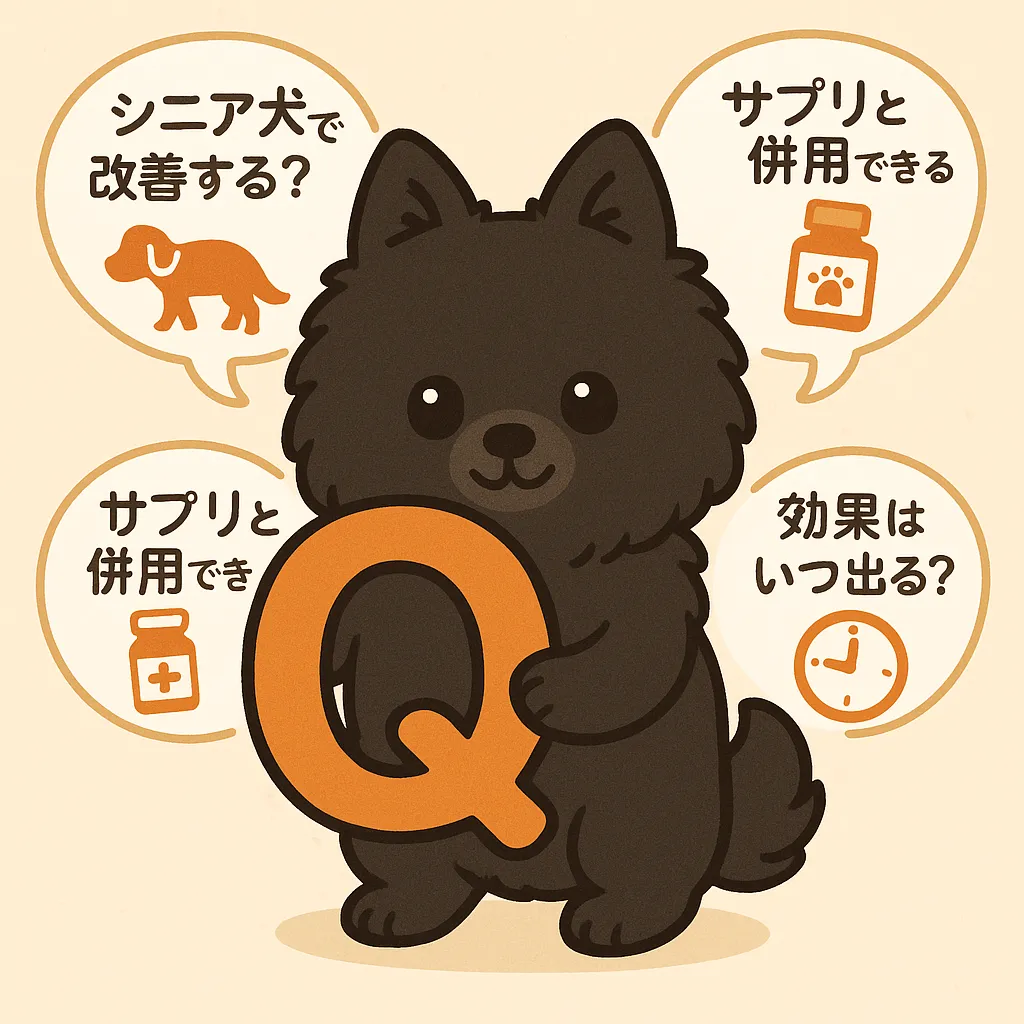 黒ポメラニアンが大きな「Q」を持ち、周囲に「シニア犬でも改善する?」「サプリと併用できる?」「効果はいつ出る?」と吹き出しがあるイラスト。