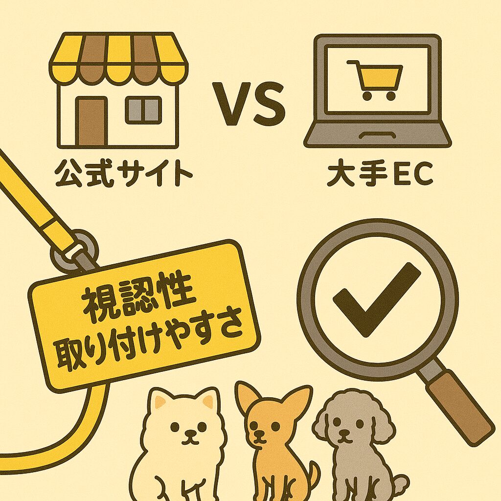 公式ストアとECサイトを対比したアイコン+ワッペンのクローズアップのイラスト
