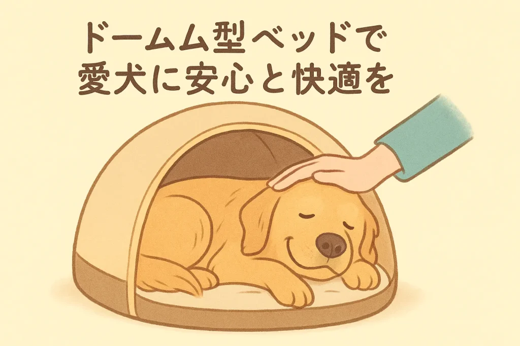 ゴールデンレトリバーがドーム型ベッドで安心して眠り、飼い主に優しくなでられているイラスト