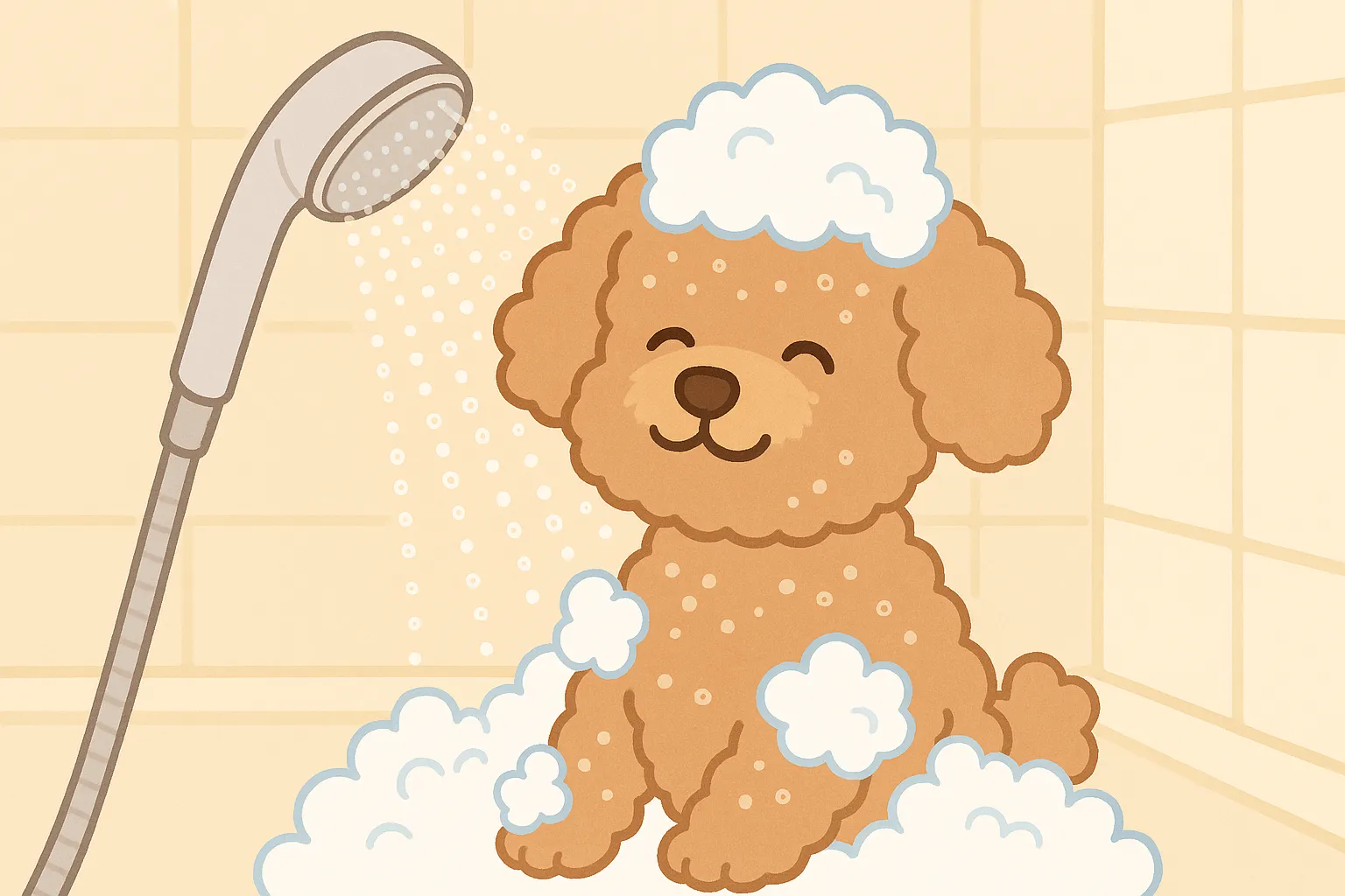 マイクロバブルシャワーを浴びて気持ちよさそうにしているアプリコットプードルのイラスト