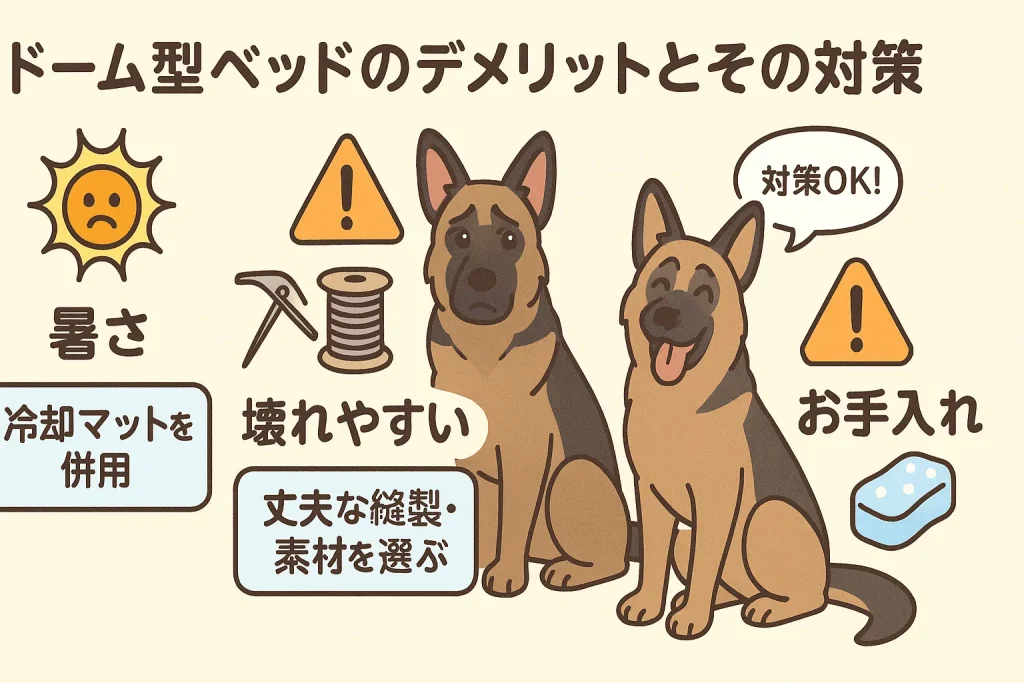 暑さ・壊れやすさ・お手入れの大変さの3つのデメリットと対策を示すイラスト。大型犬が登場。