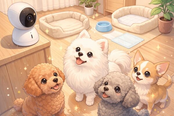 白ポメラニアンとアプリコットプードル、チワワが室内の見守りカメラを見上げている可愛いイラスト