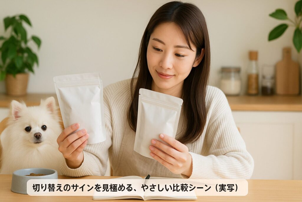 『日本人女性が白ポメラニアンと一緒にフードの無地パッケージを見比べる実写写真』