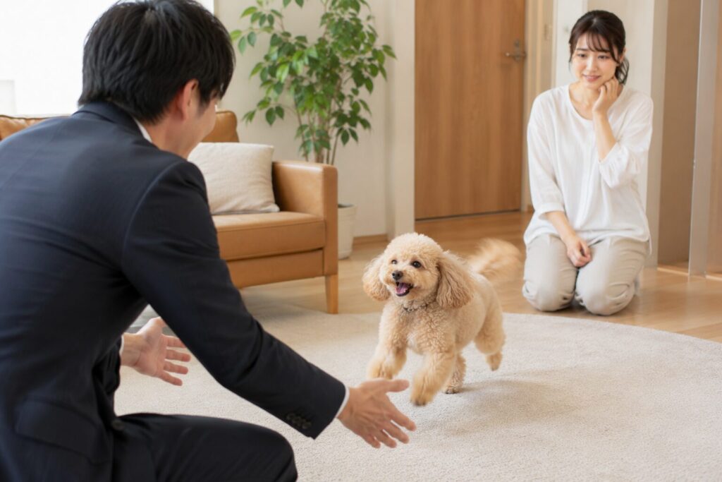 特定の人にだけ嬉ションする犬の様子
