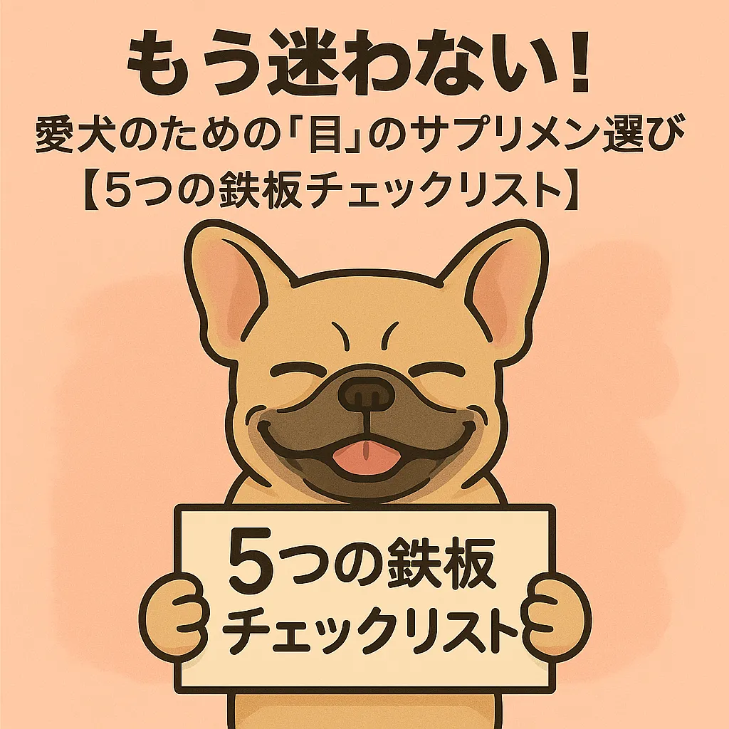「5つの鉄板チェックリスト」と書いたボードを持つフレンチブル風の犬