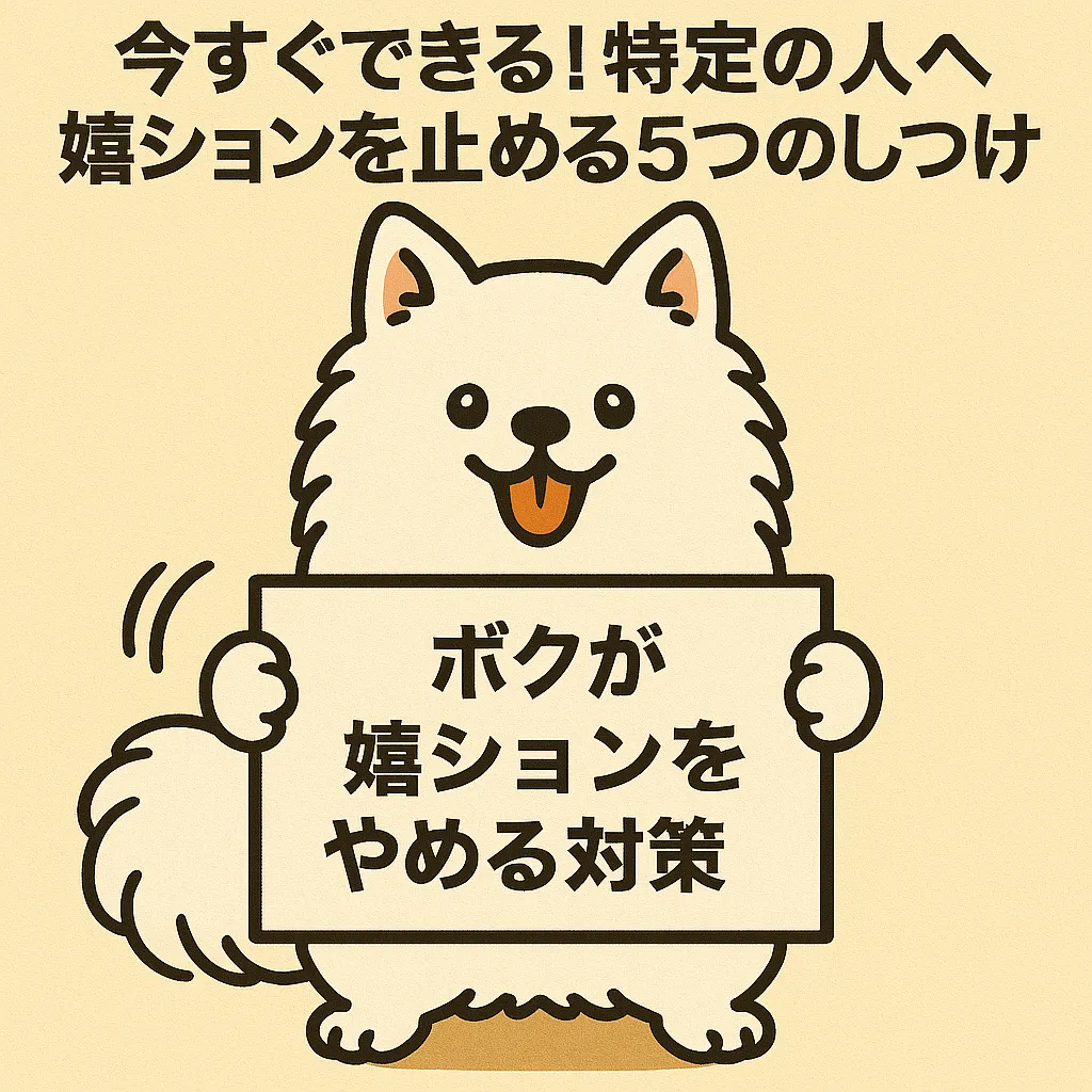 笑顔で看板を持つ白ポメラニアンのイラスト