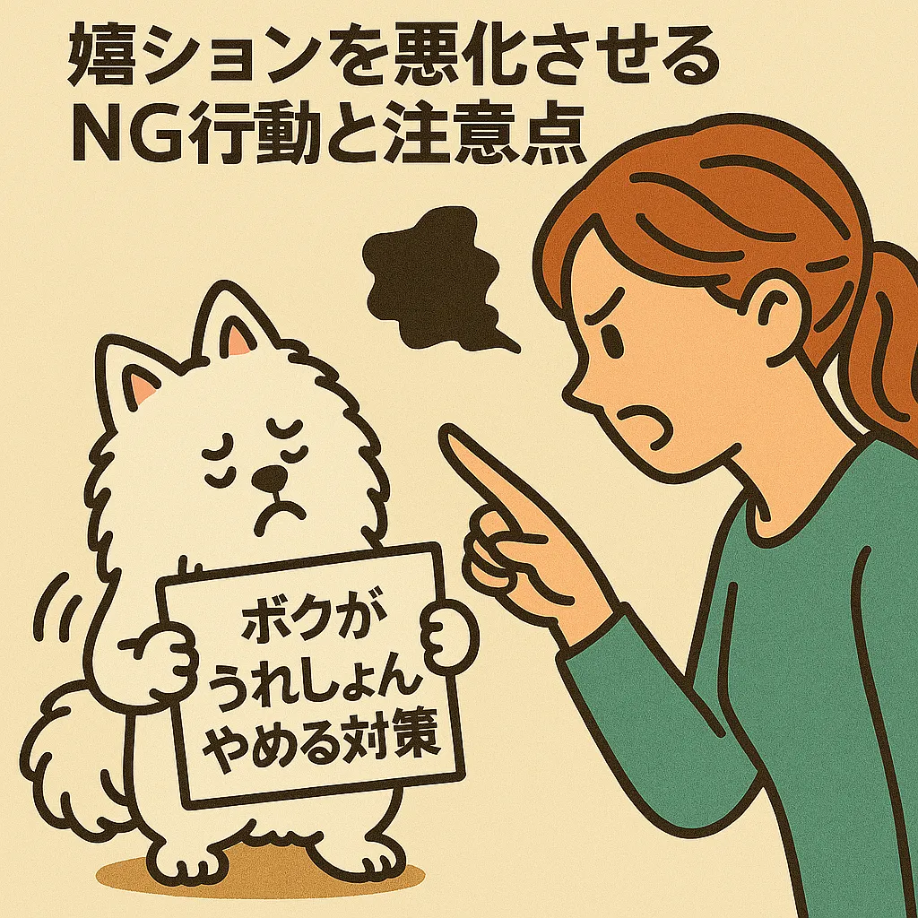 飼い主に叱られてしょんぼりした白ポメラニアンのイラスト