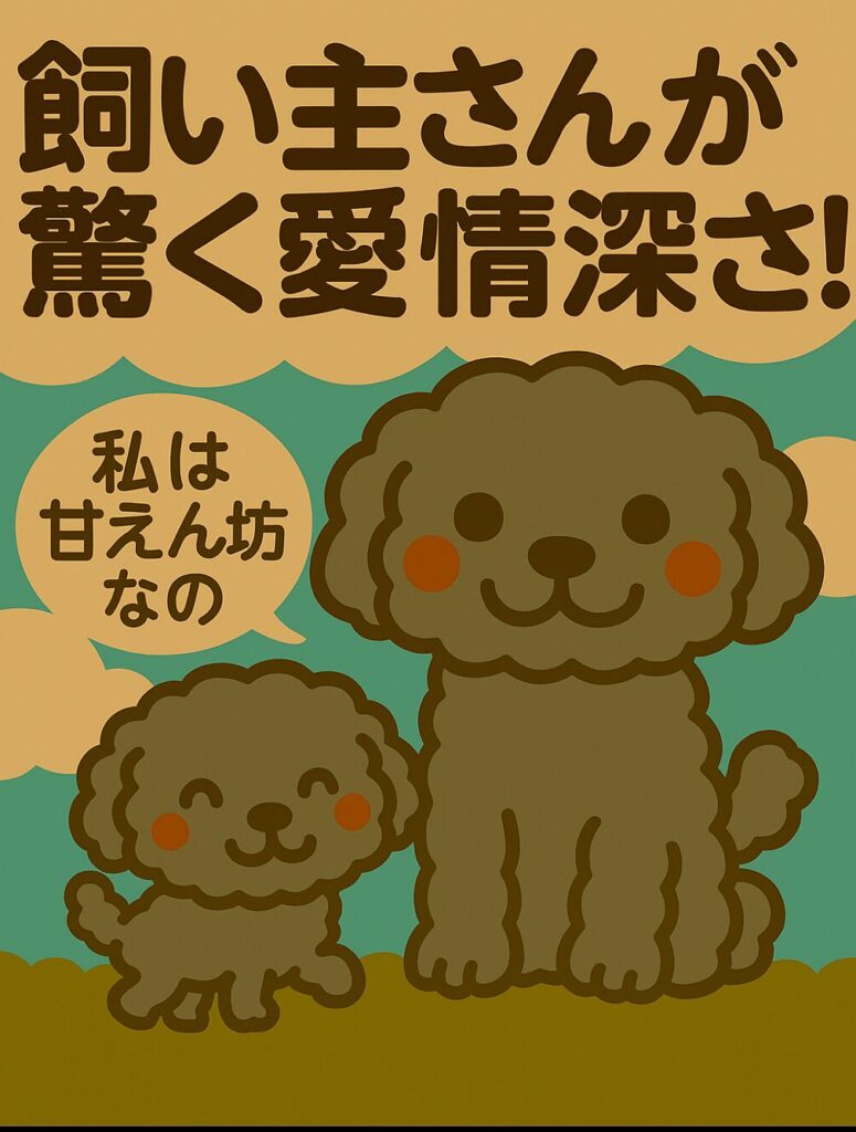 「大きなシルバートイプードルと小さなシルバートイプードルが並んで笑顔で立っているイラスト。吹き出しで『私は甘えん坊なの』と書かれており、上部には『飼い主さんが驚く愛情深さ!』という文字が描かれている。」