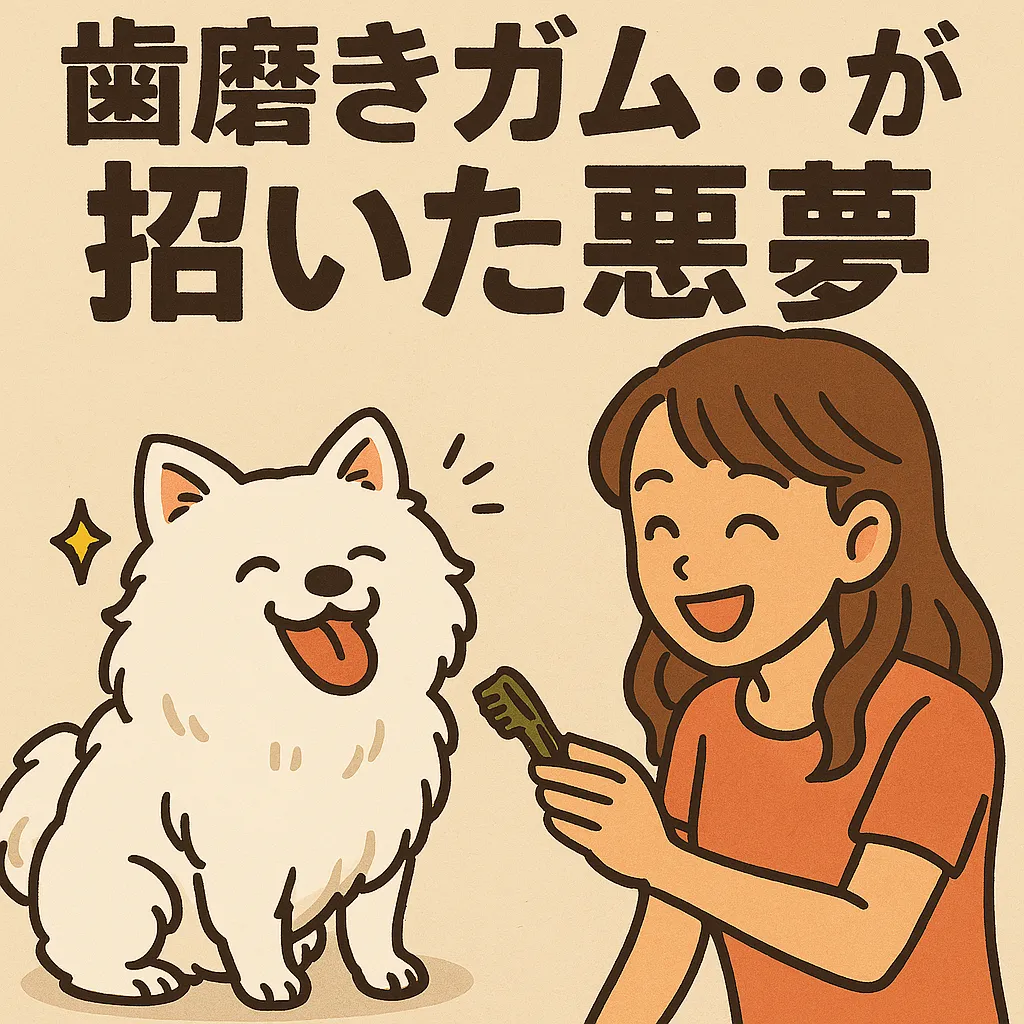 飼い主が歯磨きガムを持ち、白い犬が喜んで笑顔を見せているイラスト。「歯磨きガムが招いた悪夢」というメッセージ付き