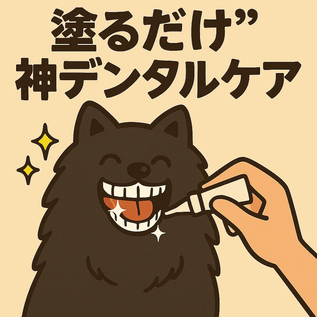 黒い犬がデンタルジェルを塗られ、真っ白な歯を見せて嬉しそうに笑っているイラスト。「塗るだけ神デンタルケア」という文字付き