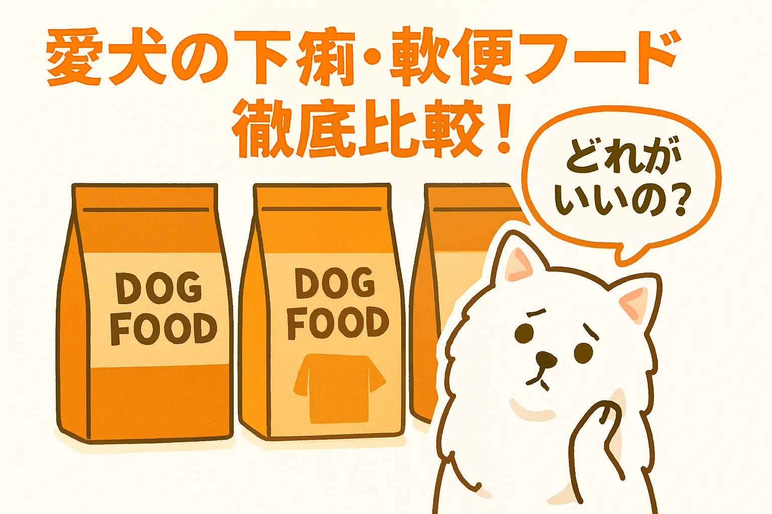 白いポメラニアンが3つの「DOG FOOD」の袋を前に悩んでいるイラスト。袋はシンプルなデザインで、愛犬の消化器ケアフードを選ぶシーンを描いています。