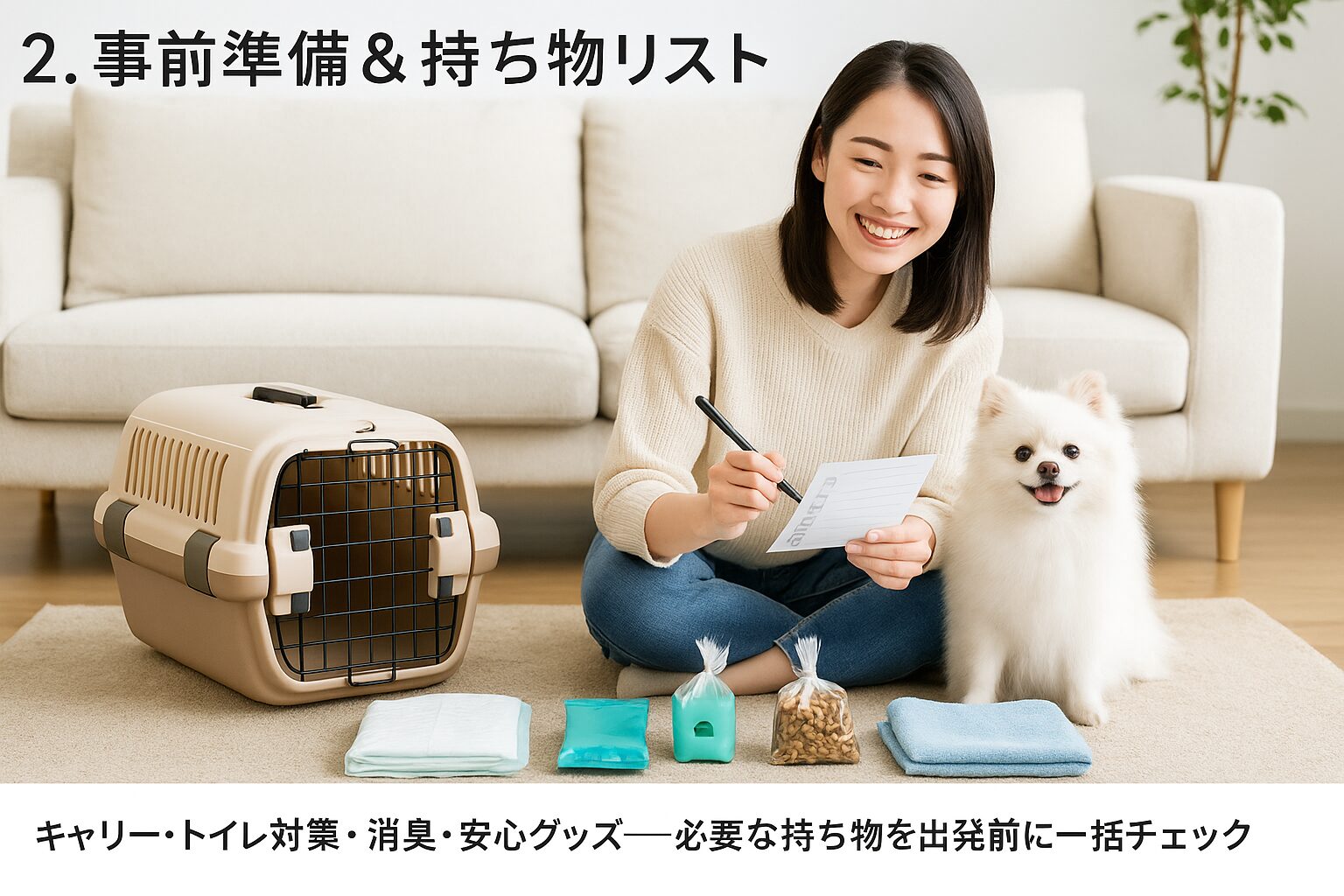自宅リビングで自然な笑顔の日本人女性が、白ポメラニアンと持ち物(キャリー、トイレシート、消臭袋、おやつ、タオル)をチェックしている写真
