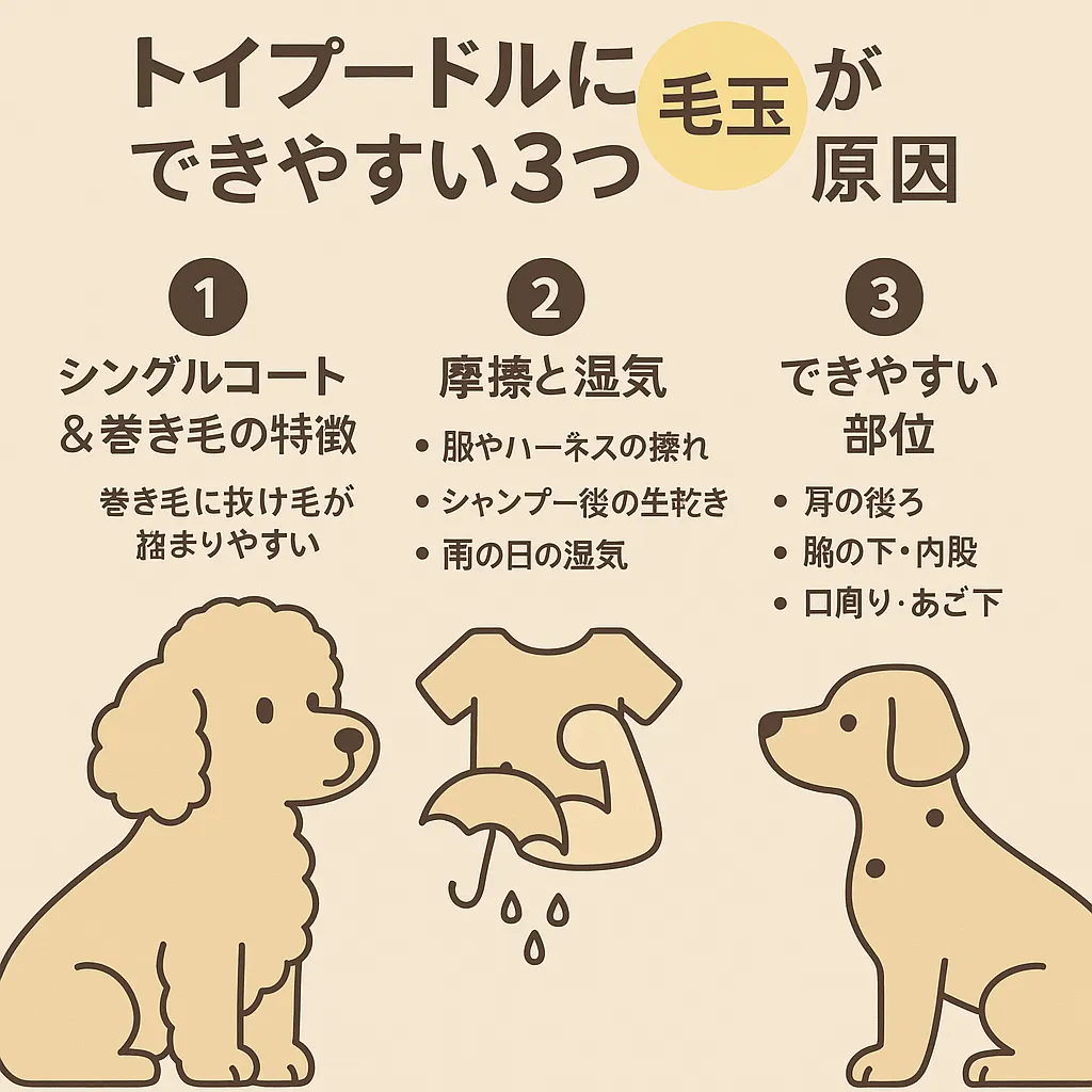 可愛いアプリコットトイプードルと毛玉ケアのテキスト