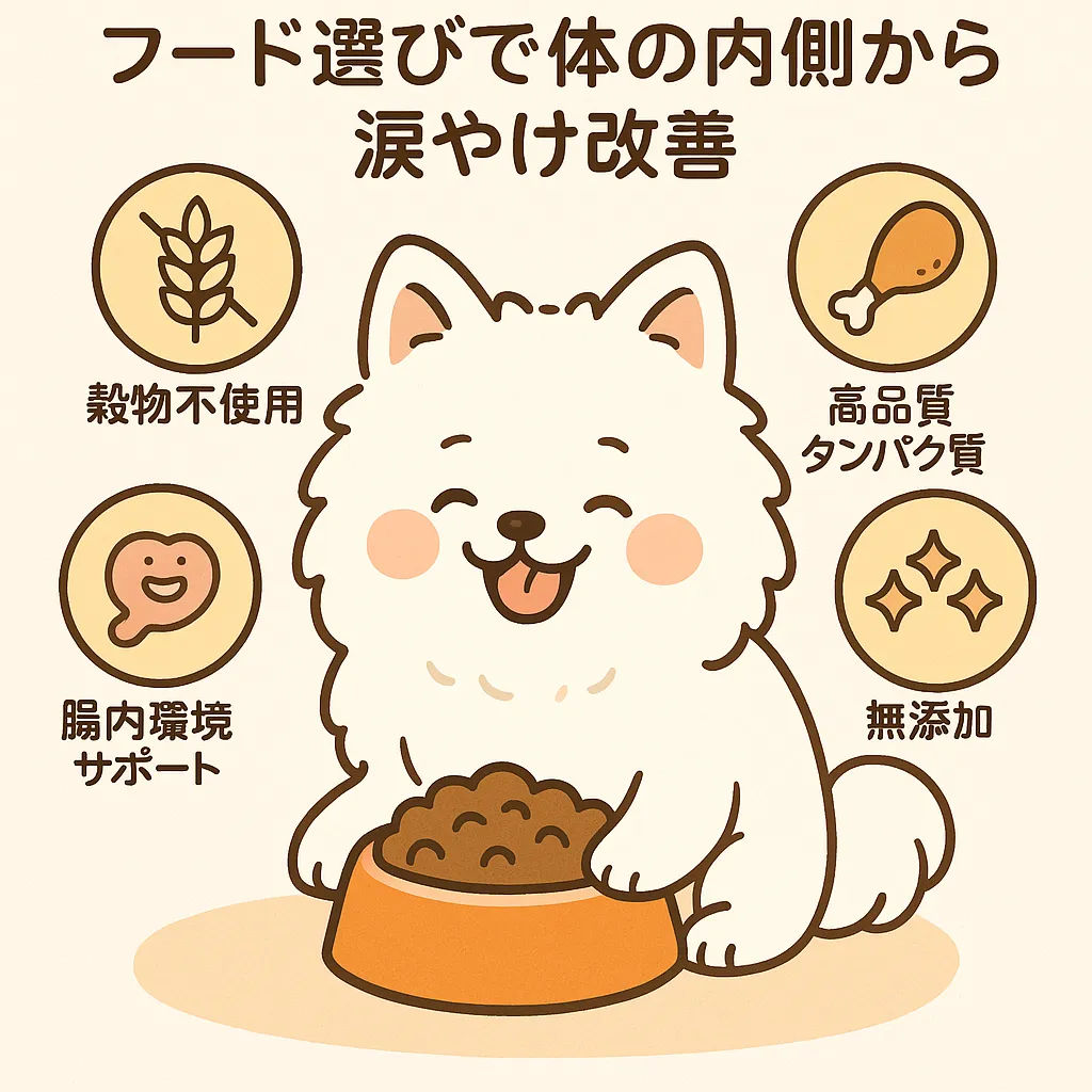 「犬がフードを食べるイラストと、涙やけ改善に役立つ5つのポイント」