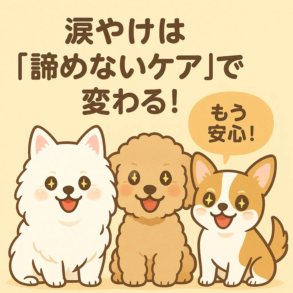 涙やけが改善して笑顔の犬たちが並んでいるイラスト