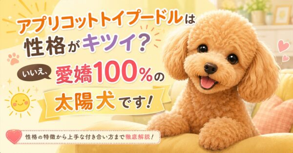 笑顔でこちらを見つめるアプリコットトイプードル。愛嬌があり明るく人懐っこい性格を表現したイラスト。