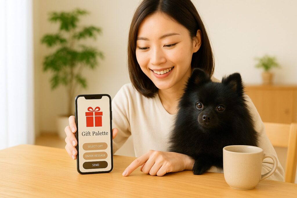 木目テーブルでスマホ操作をする日本人女性と膝に座る黒ポメラニアンの実写カット