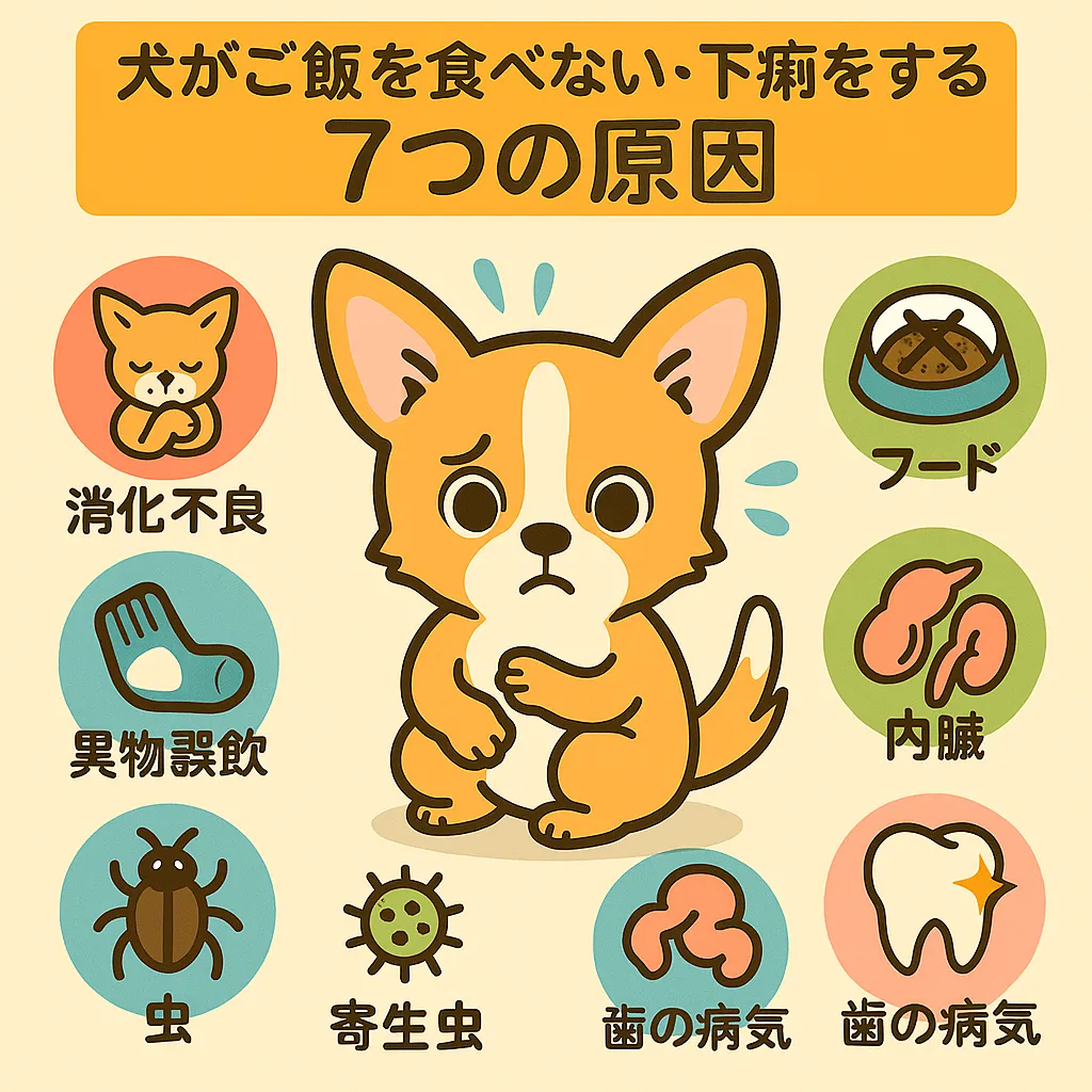 「犬の下痢や食欲不振の原因をアイコンで表したイラスト」