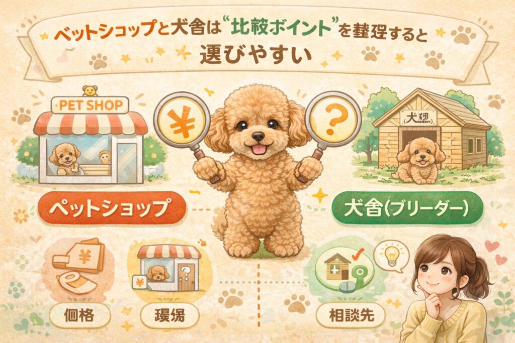 トイプードルを中心に、ペットショップと犬舎を価格・環境・相談先で比較しているイラスト