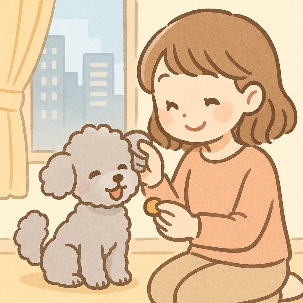飼い主がおやつをあげたり、耳をマッサージして犬をケアしている可愛いイラスト