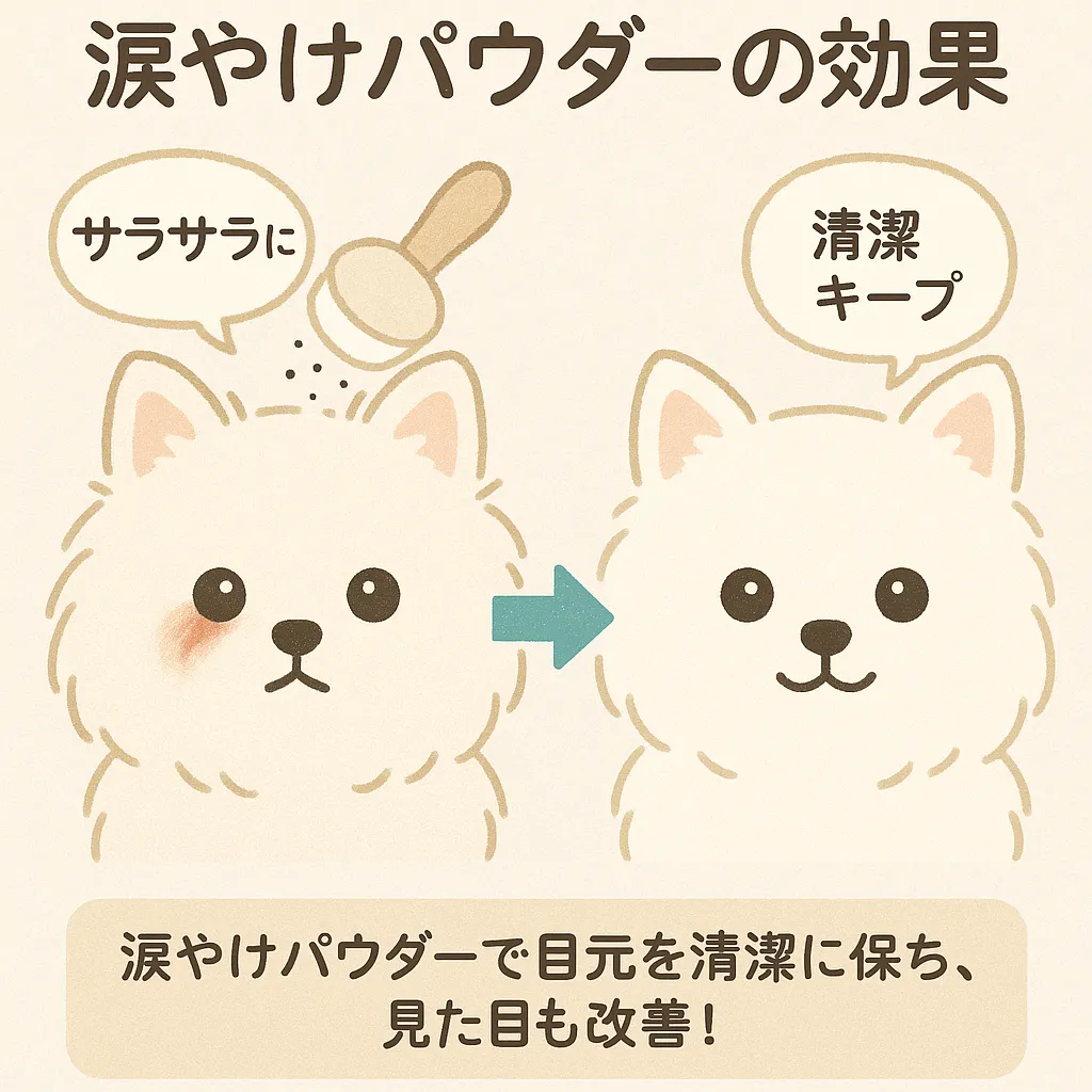 犬の目元に涙やけパウダーを使う効果を表したイラスト