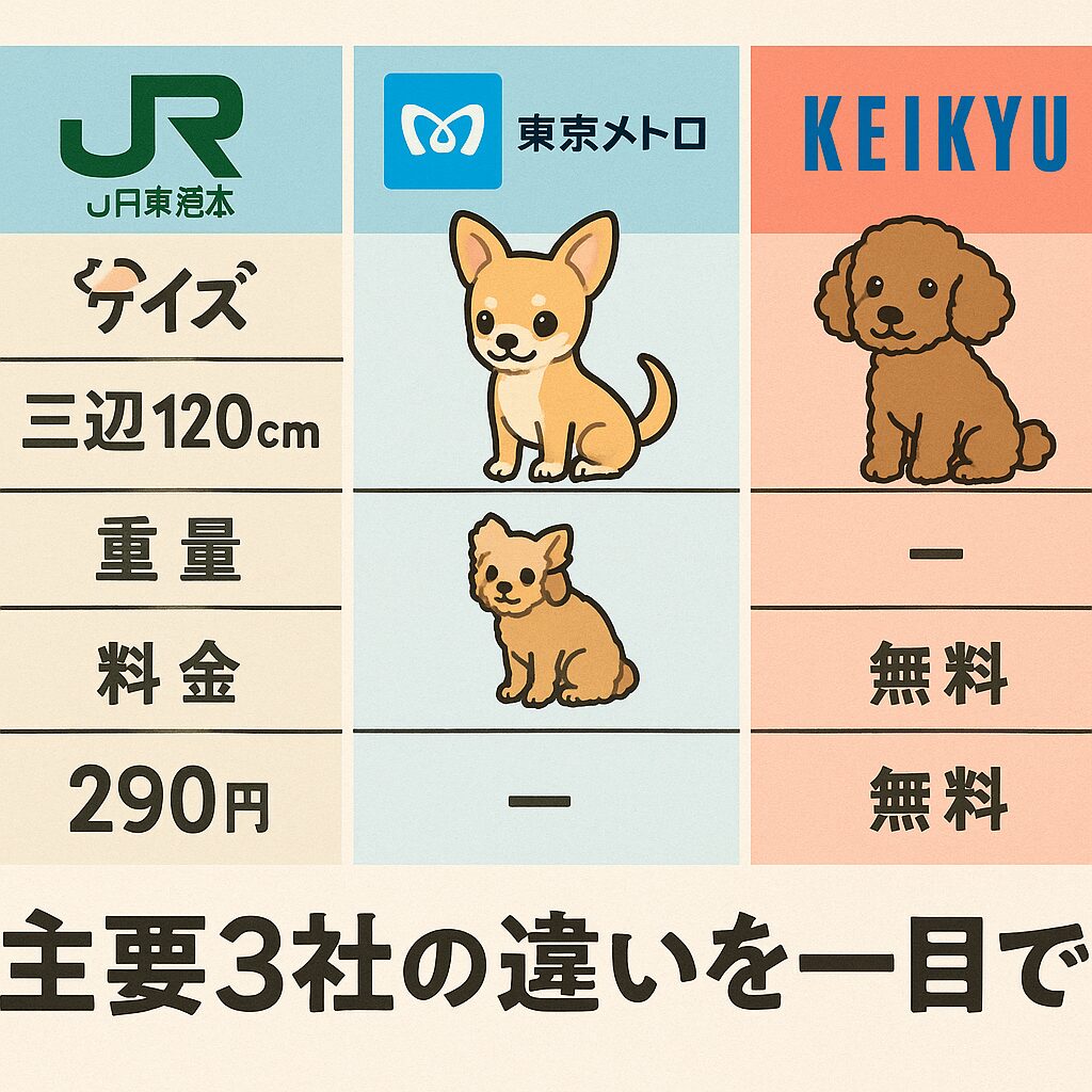 JR・東京メトロ・京急のサイズ・重量・料金をチワワやプードルのイラストで比較した表