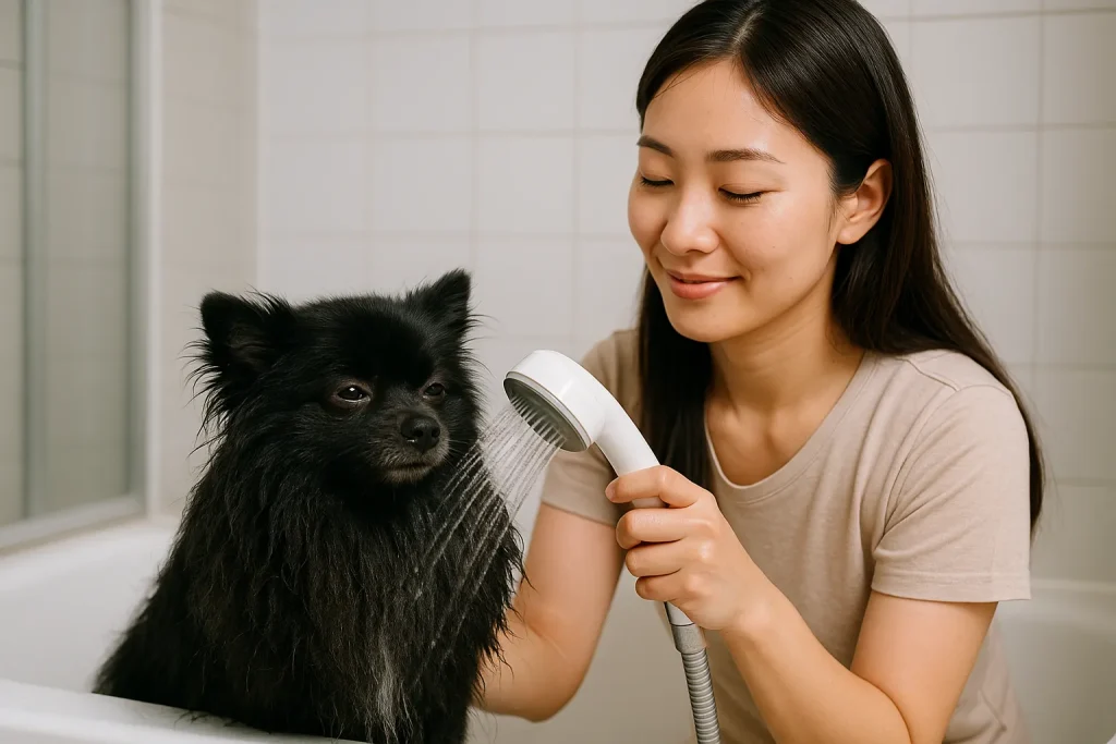 日本人女性が黒ポメラニアンにシャワーを近づけて優しく当てている実写風画像