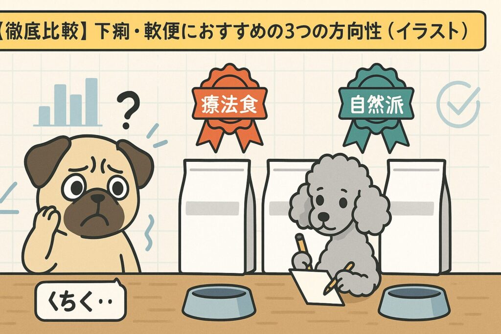 『パグとシルバートイプードルが3種のドッグフードを比較するコミカルなイラスト』